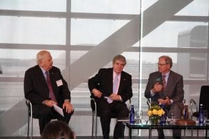 Jay Vroom, right, discusses the 2012 Farm Bill with Sen. Ben Nelson (D-NE), center, and CWGN's Orion Samuelson, left.
