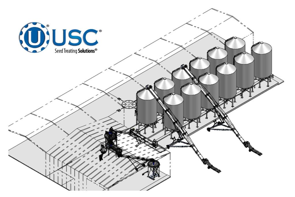 USC’s automation controls up to 20 seed bins, shown is an example with 12, indicating any-sized facility can benefit from USC’s custom design approach.