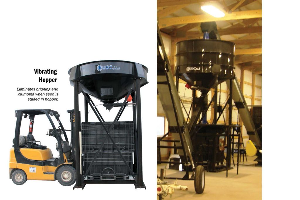 The vibrating hopper eliminates bridging and clumping when treated seed sits for longer periods of time. Controls can be operated directly from forklift when using a box-to-box set-up.