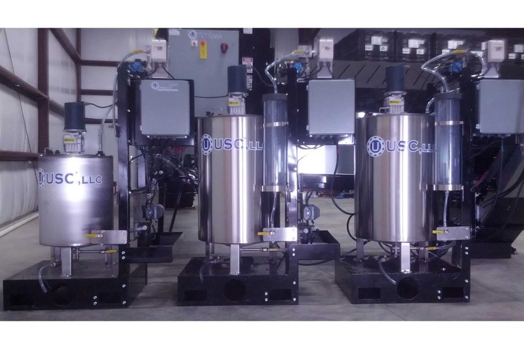 Stainless steel pump stands and mix tanks are the preferred method for mixing. All USC pump stands are configurable – choose material, flow meter, calibration tube and scales for example.