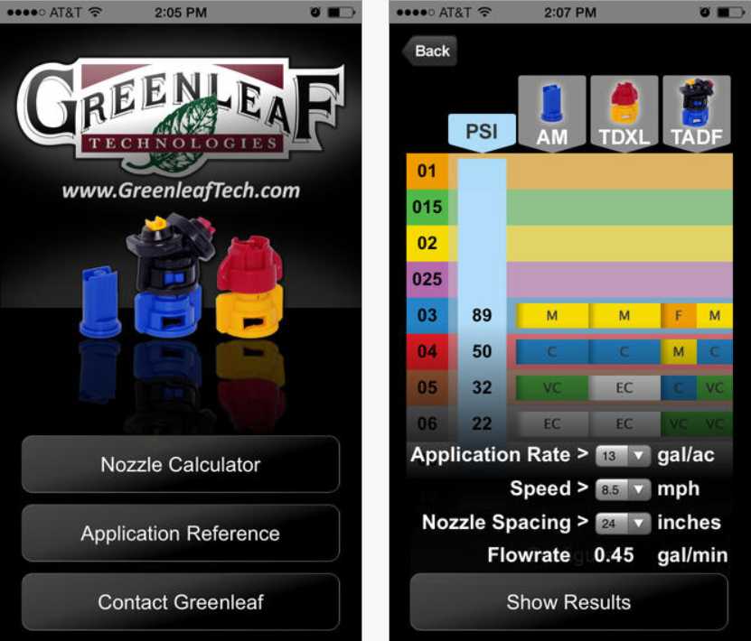 Screen captures of Greenleaf Technologies’s mobile application app for agriculture on iPhone showing the home screen and an example result from their Nozzle Calculator called ‘NozzleCalc