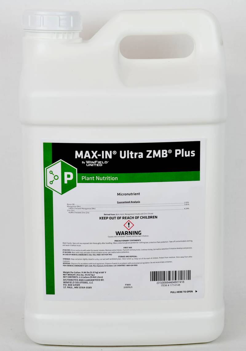 WinField United recently launched MAX-IN Ultra ZMB Plus, a premium liquid foliar micronutrient blend that delivers a high load of zinc, manganese, and boron to crops. Photo: WinField United