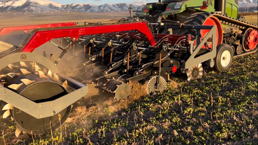 The custom-built strip till bar in action on Matthews’ farm.