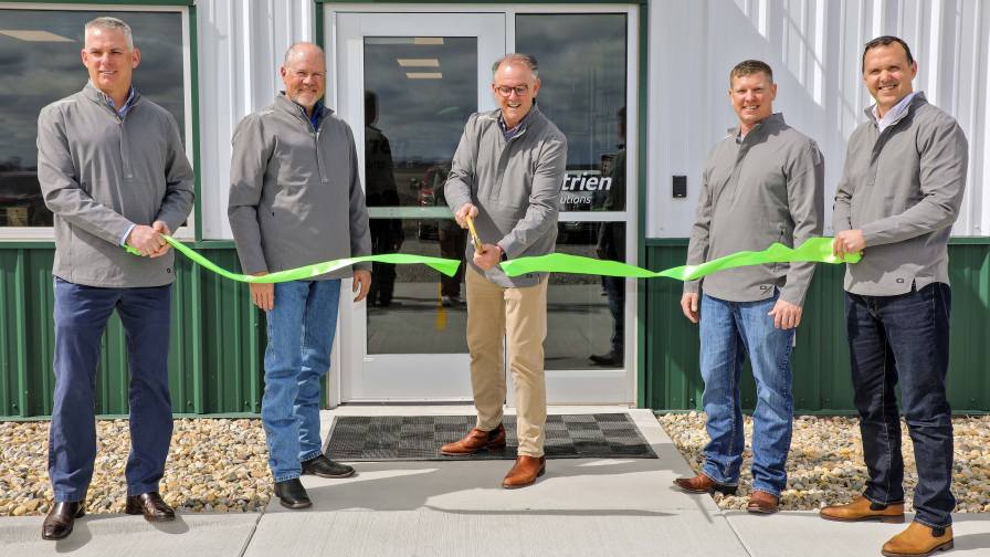 Nutrien Ag Solutions leadership and employees, suppliers, state legislators, community members, and agricultural media gathered on May 20, 2025, to celebrate the grand opening of the company’s new Innovation Farm in Champaign, IL. From left: Rob Clayton, Senior Vice President of North American Retail; Kent McDaniel, Cornbelt Region Manager; Jeff Tarsi, President, Global Retail; Thaddeus Bates, Senior Manager, Applied Agronomy; and Paul Bonnett, Senior Director, Nutrien Agronomy.